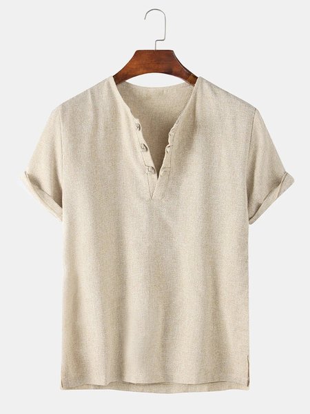 

American Casual Cotton And Linen Short Sleeve T-Shirt, Khaki, Men's t-shirts