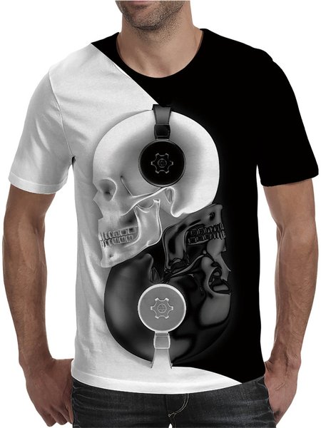 3D Skull Graphic Short Sleeve Crew Neck Tee, Black, T-shirt