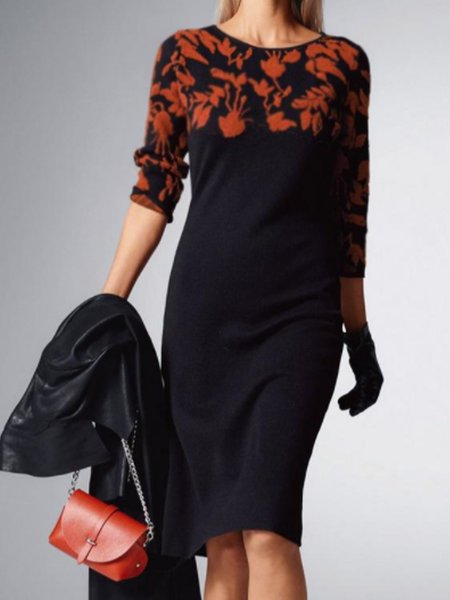 

Three Quarter Printed Crew Neck Dress, As picture, Midi Skirts