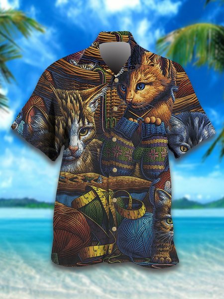

Fun Cat Print Loose Short Sleeve Shirt, As picture, Men's Floral shirt