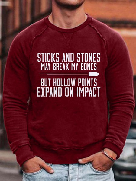 

Sticks And Stones May Break My Bones But Hollow Points Expand On Impact Cotton Blends Crew Neck Casual Sweatshirt, Red, Hoodies&Sweatshirts