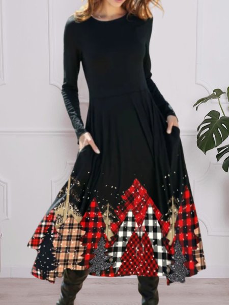 

Casual Long Sleeve Round Neck Plus Size Printed Plaid Dress, Black, Midi Dresses
