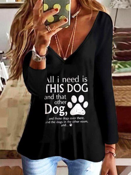

V Neck Casual Letter Shirts & Tops, Black, Tees & T-shirts