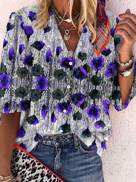 

Vacation Loosen V Neck Floral Shirts & Tops, Purple, Shirts & Blouses