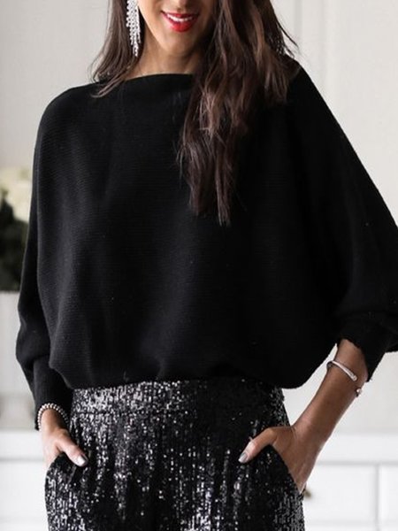 

Plain Long Sleeve Crew Neck Plus Size Casual Women Tops, Black, Tops