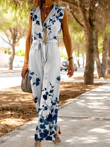 

Floral Print Button V-neck Belted Sleeveless Jumpsuit, White, Jumpsuits＆Rompers