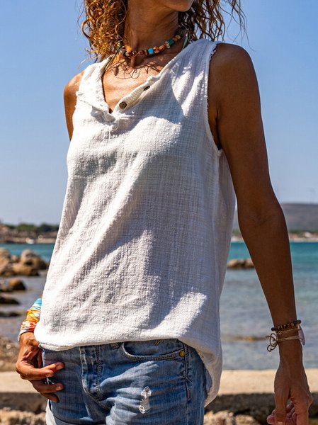 

Plain V neck Casual Vacation Shirts & Tops, White, Tanks & Camis