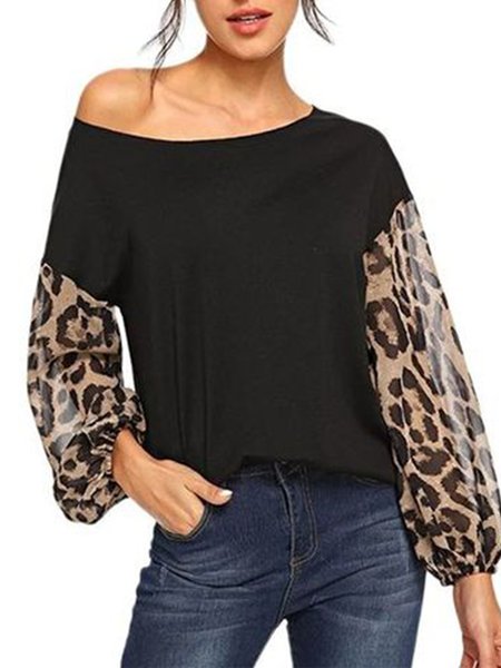 

Long Sleeve Leopard Loosen Crew Neck Top, Black, Blouses and Shirts