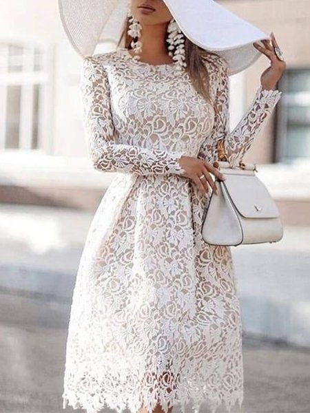 

Regular Fit Lady Long Sleeve Midi Dress, White, Midi Skirts
