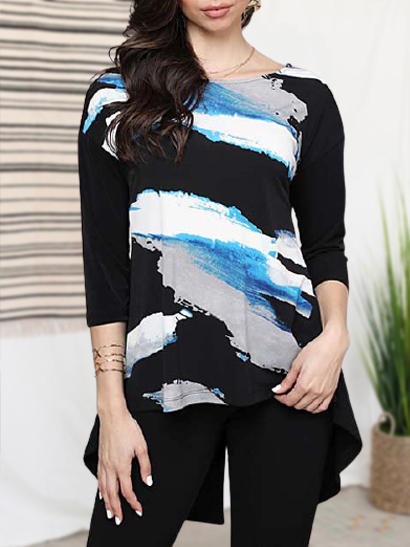 

Gray and blue abstract graffiti irregular slit hem top Elegant Loosen Crew Neck Shirts & Tops, Black, Long sleeve tops