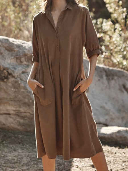

Holiday Casual Solid Color Double Pocket Long Sleeve Loosen Dresses, Brown, Midi Dresses