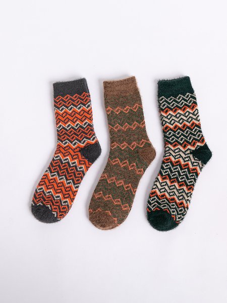 

Vintage Wool Corrugated Jacquard Warm Socks 3 Pieces, Color2, Socks