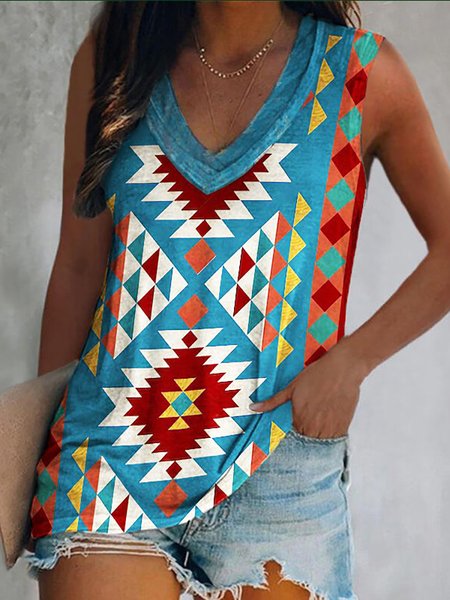 

Western Geometric Pattern Print Vacation Casual V-neck Vests, Blue, Tanks & Camis