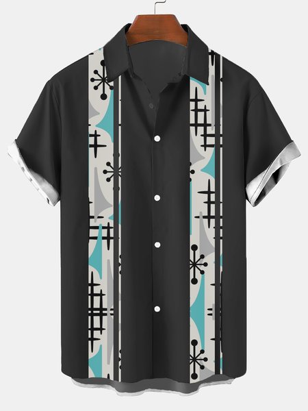 

Geometric Pattern Striped Contrast Short-Sleeved Shirt, Black, Men's Floral shirt