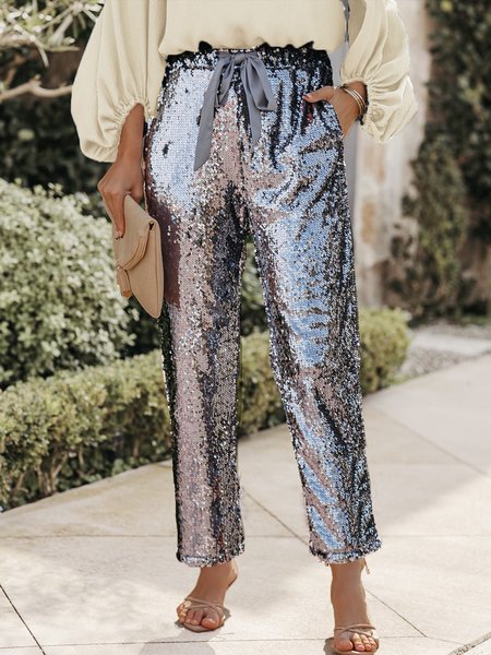 

Pockets Plain sequins Pants, Deep gray, Pants