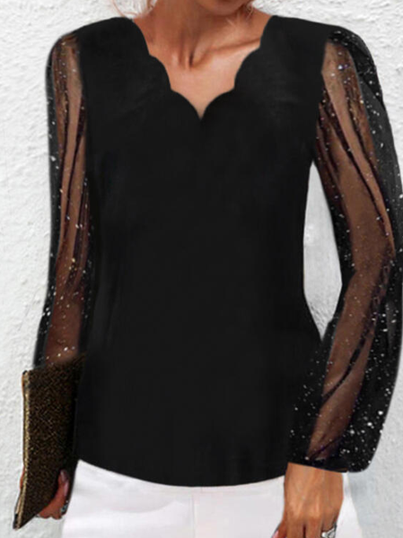 

Solid V-Neck Long Sleeves Elegant Blouses, Black, Long sleeve tops