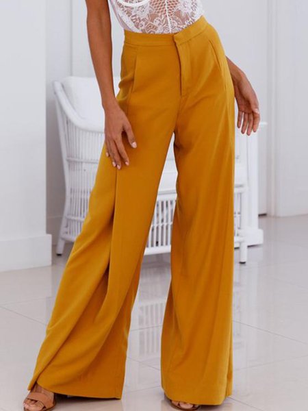 

Solid Work Regular Fit Elegant Pants, Yellow, Wide Leg Pants