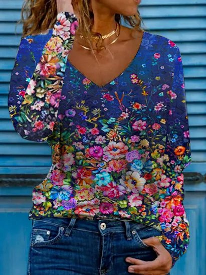 

Floral Cotton Blends V Neck Casual T-shirt, Multicolor, Tops