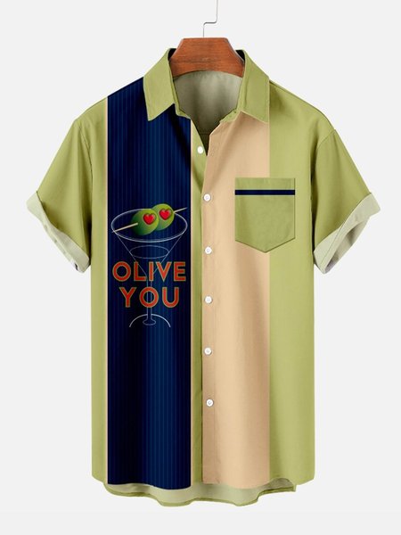 

Mens Cocktail Print Casual Breathable Hawaiian Short Sleeve Shirt, Green, Men's Floral shirt