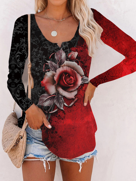 

Casual Floral Shirts & Tops, Red, Long sleeve tops