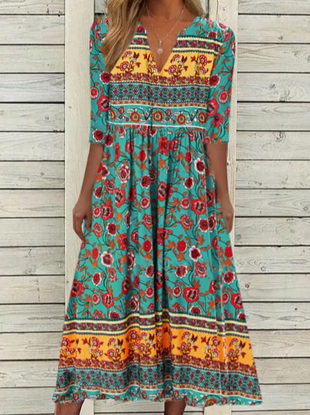 

Floral V Neck Cotton Blends Dresses, Green, Boho dresses