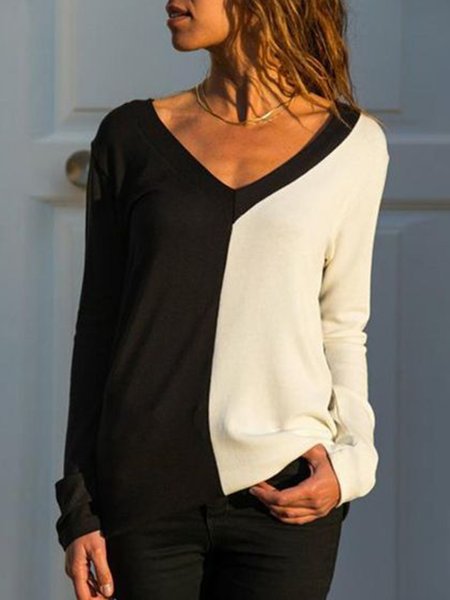 

Casual Long Sleeve Solid V Neck Loosen Top, Black-white, Blouses and Shirts