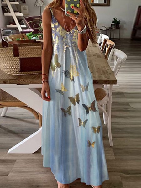 

Fashion strap butterfly print dress, Blue, Maxi Dresses