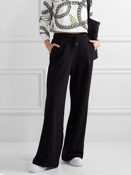 

Casual Solid Pants, Black, Wide Leg Pants