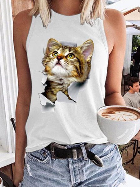 

Cat Glasses Women Vests, White, Tank Tops