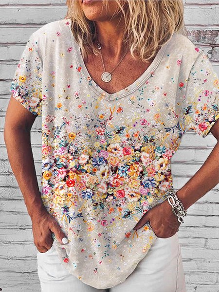 

Loosen V Neck Floral T-shirt, As picture, T-Shirts