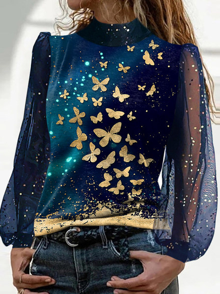 

High Neck Casual Butterfly Shirts & Tops, Blue, Tops