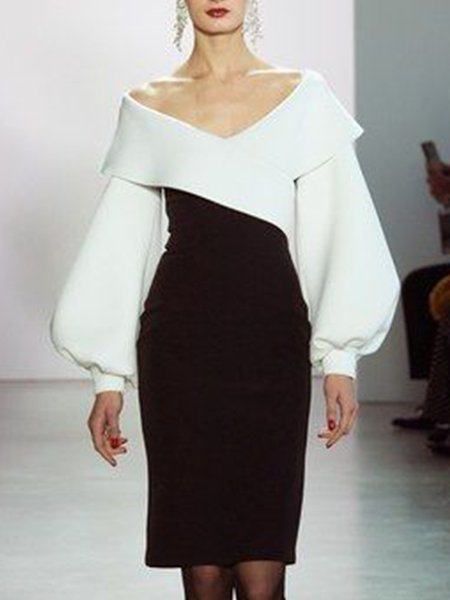 

Elegant V Neck Color Block Bishop Sleeve Dress, Black-white, Mini Dresses