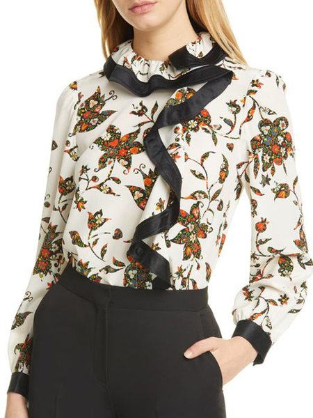 

Floral Ruffle Collar Regular Fit Top, As picture, Blouses and Shirts