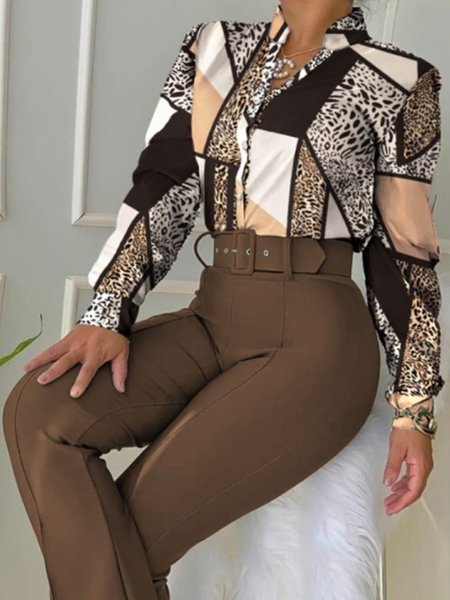 

Work Stand Collar Leopard Geometric Top, Brown, Blouses and Shirts