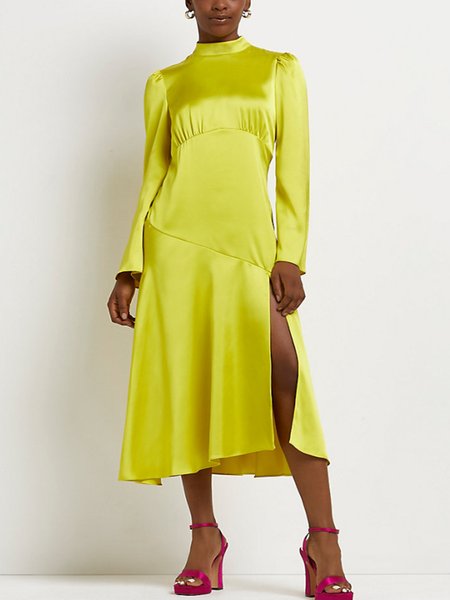 

Solid Elegant Slit Stand Collar Dresses, As picture, Midi Dresses