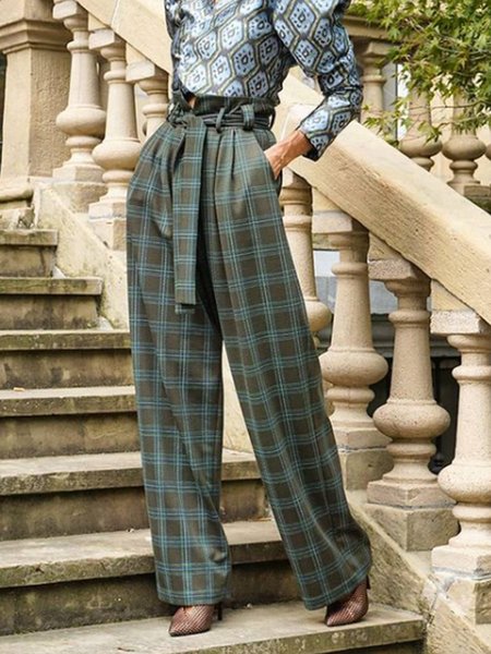 

Work Regular Fit Grid Pants, As picture, Wide Leg Pants