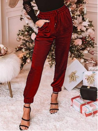 

Casual Plain Regular Fit Long Pants, Wine red, Pants