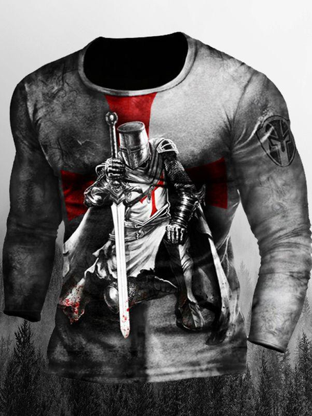 

Men's Crew Neck Long Sleeve Crusader Elements Graphic Tee, Gray, T-shirt
