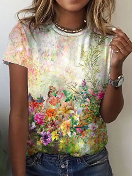 

Floral Crew Neck Loosen Shirts & Tops, Multicolor, Tops