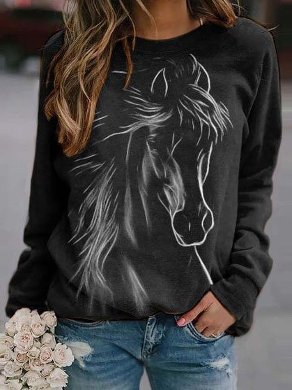 

Horse Printed Raglan Sleeve Crew Neck Casual Sweatshirt, Black, Hoodies&Sweatshirts