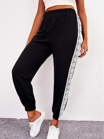 

Loosen Casual Cotton Blends Long Pants Color Block lace, Black, Pants