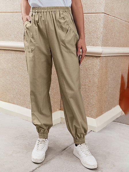 

Solid Daily Casual Pocket Elastic Waist Pants, Khaki, Pants