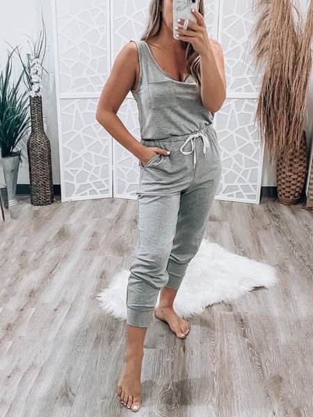 

Casual Sleeveless Round Neck Plus Size Jumpsuits, Gray, Jumpsuits