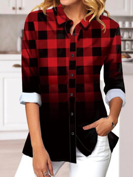 

Checked/Plaid Long Sleeve Shirt Collar Casual Shirts & Tops, Red, Blouses & Shirts