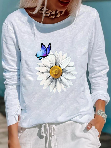 

Casual Vacation Crew Neck Butterfly Pattern Cotton Blends Shirts & Tops, White, Tops