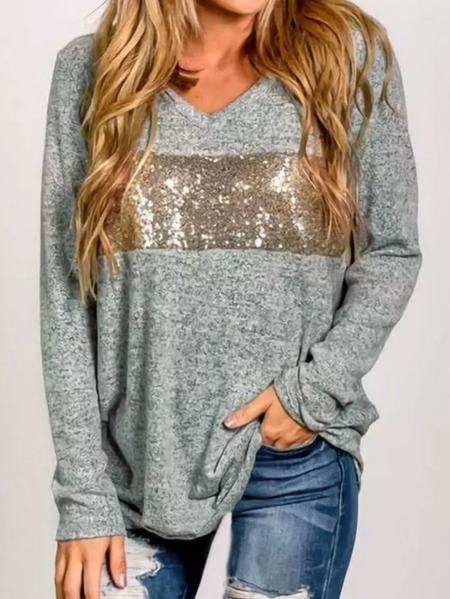 

V Neck Casual Long Sleeve Shirts & Tops, Gray, Tops