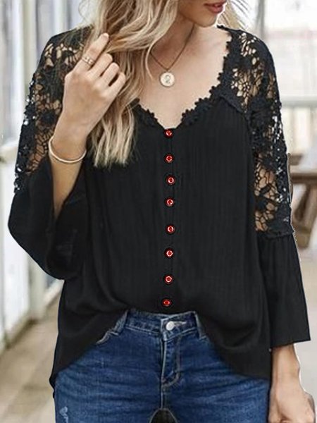 

Plus size Casual Plain Lace Shirts & Tops, Black, Blouses & Shirts