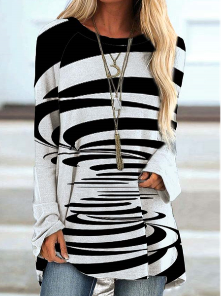 

Loosen Geometric Long Sleeve Shirts & Tops, Black-white, Long sleeve tops