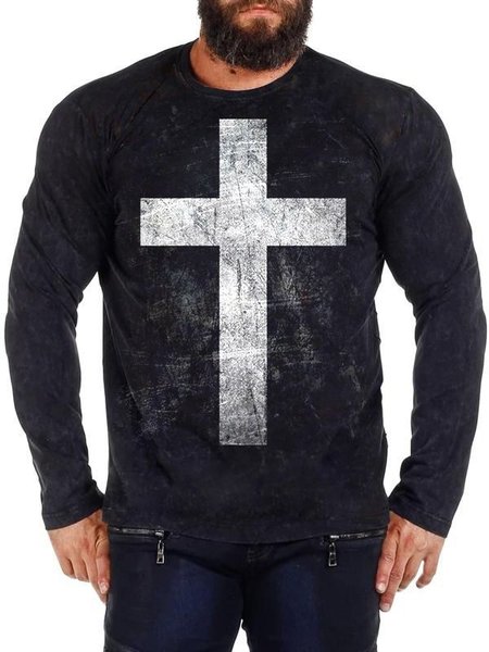 

Men's Cross Graphic Elements Round Neck Long Tee, Black, T-shirt