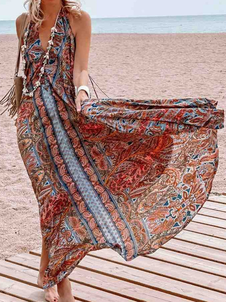 

Summer new style printed halterneck V-neck bohemian long skirt dress, Red, Maxi Dresses